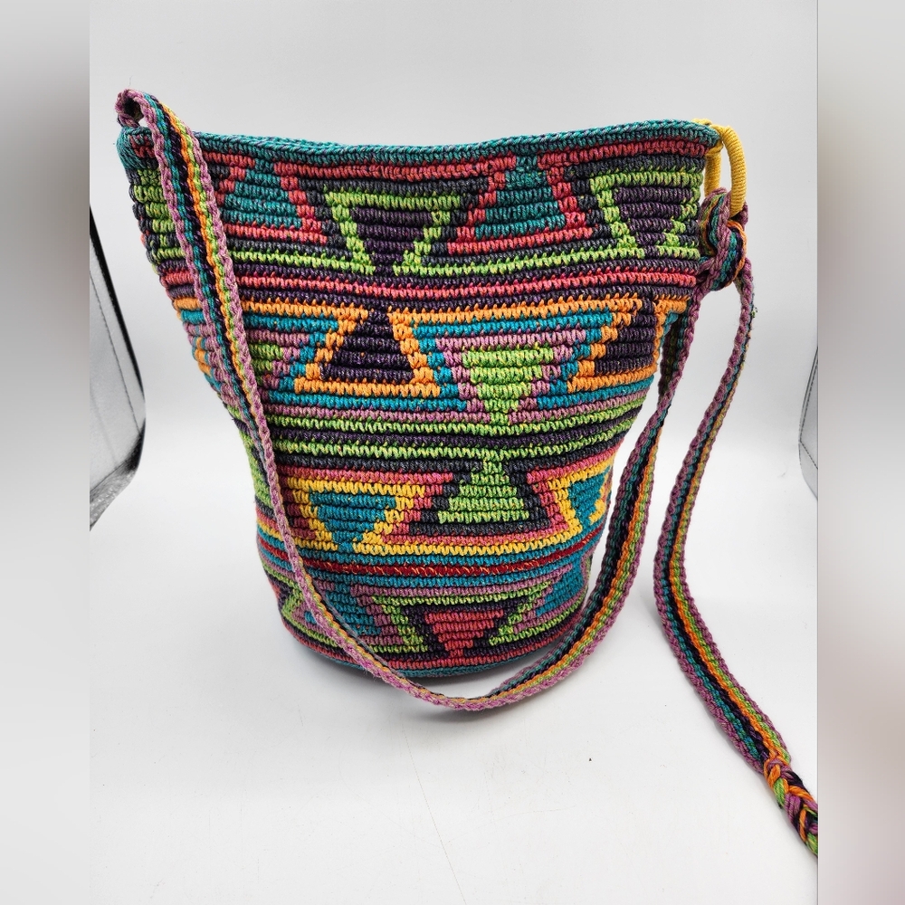 Multicolor Geometric Patterned Bucket Bag Wayuu M… - image 1